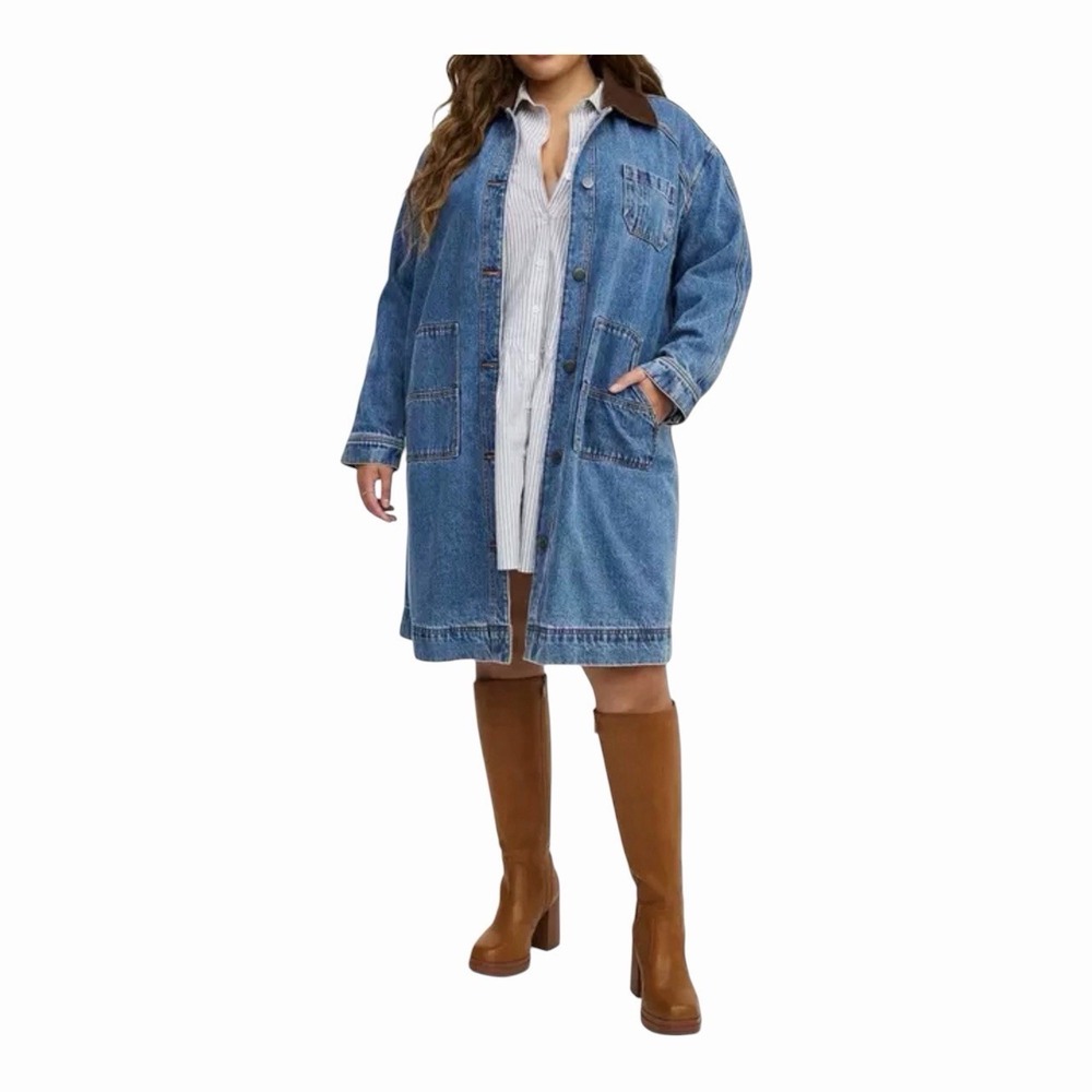 Torrid Size 2 2X Denim Barn Coat Corduroy Collar Long Jean Jacket